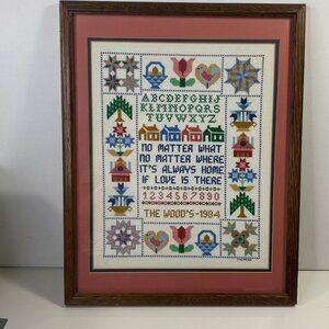 Vintage Handmade 1984 Cross Stitch Sampler The Woods Framed 15"x20"